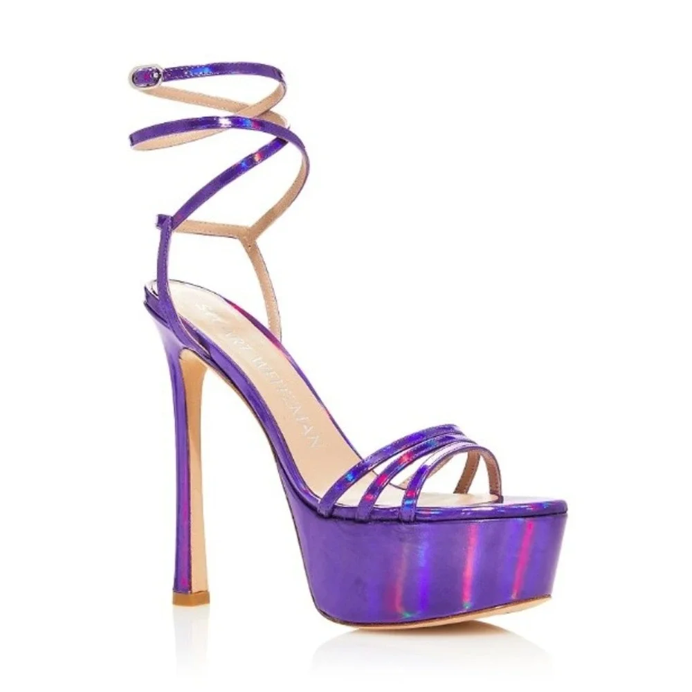Stuart Weitzman Skyhigh 145 Purple Holographic Strappy Platform Sandal NWOT 8.5